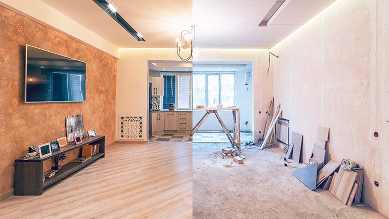 split photo of a room renovation showing a before and after shot.